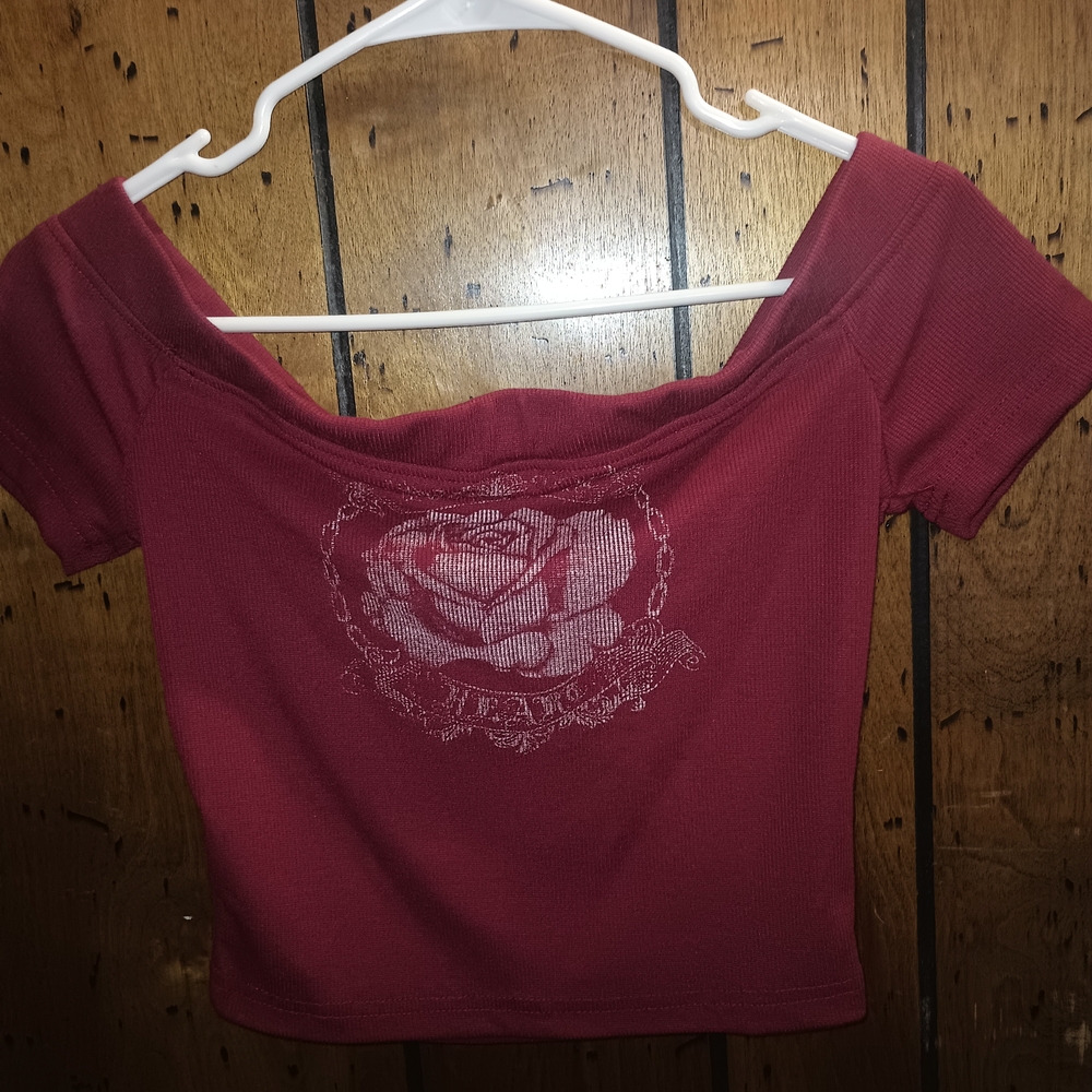 SHEIN Off-Shoulder Rose Embroidered Blouse - Burgundy